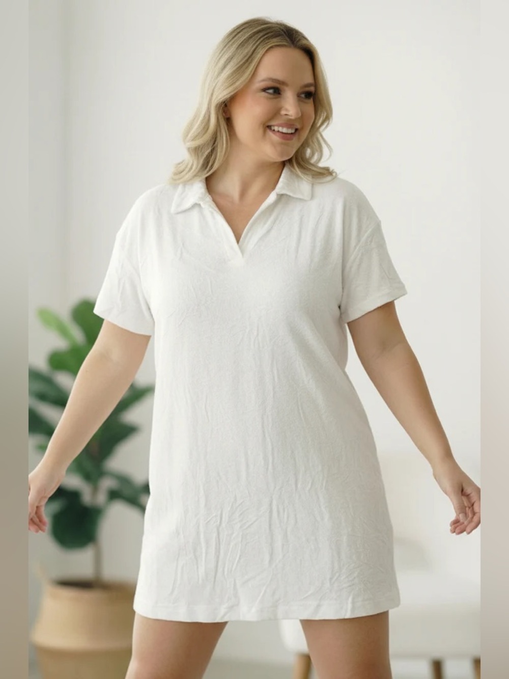 111 PLUS PS Kate Terrycloth Textured Open Collar V Neck Short Sleeve Dress